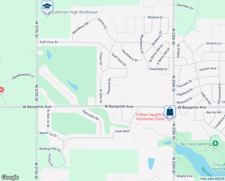 map of restaurants, bars, coffee shops, grocery stores, and more near 2906 Pinnacle Drive in Norfolk