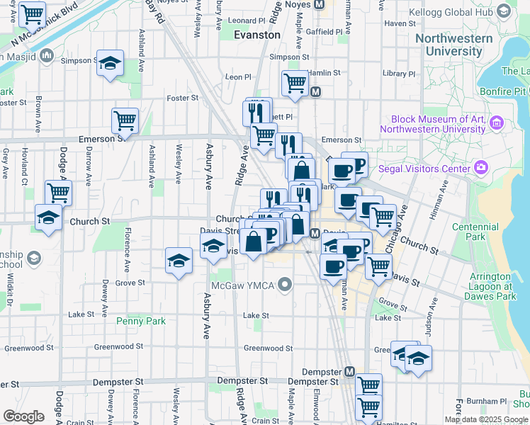 map of restaurants, bars, coffee shops, grocery stores, and more near 1727 Oak Avenue in Evanston