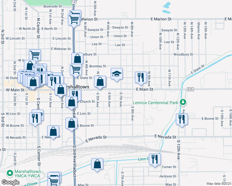 map of restaurants, bars, coffee shops, grocery stores, and more near 600-698 County Highway E35 in Marshalltown