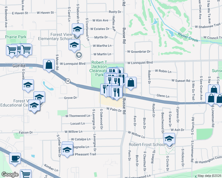 map of restaurants, bars, coffee shops, grocery stores, and more near 1800 West Golf Road in Mount Prospect