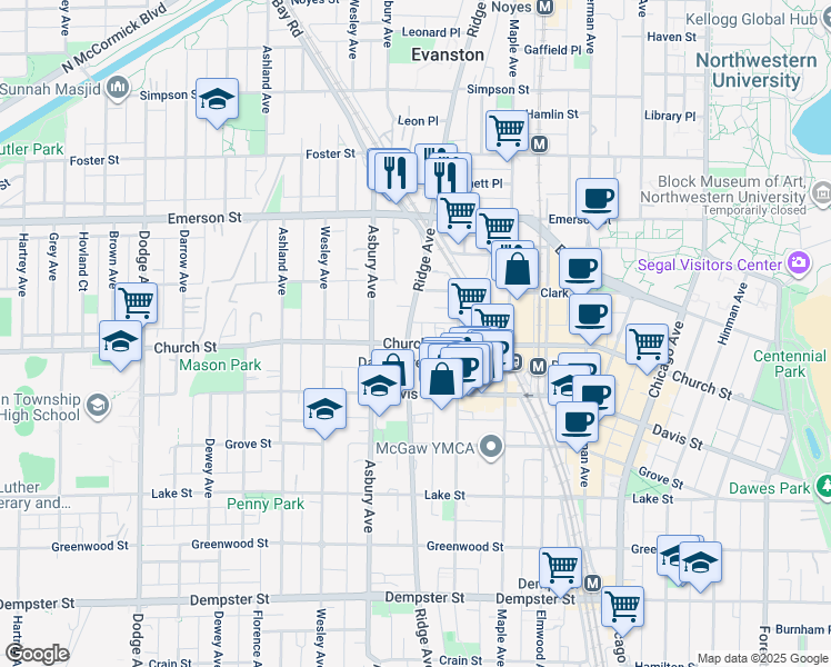 map of restaurants, bars, coffee shops, grocery stores, and more near 1707 Ridge Avenue in Evanston