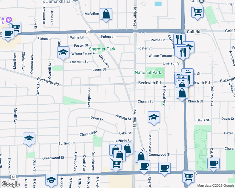 map of restaurants, bars, coffee shops, grocery stores, and more near 9241 Cameron Lane in Morton Grove