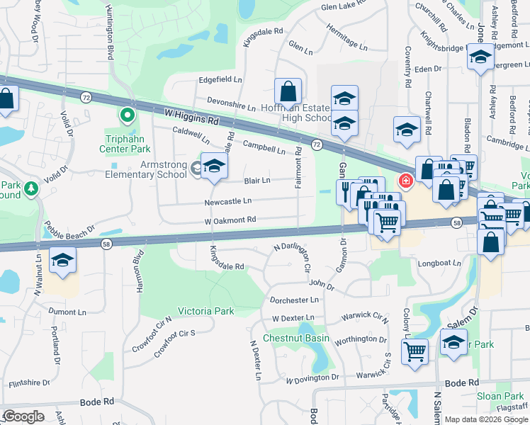 map of restaurants, bars, coffee shops, grocery stores, and more near 1330 Newcastle Lane in Hoffman Estates