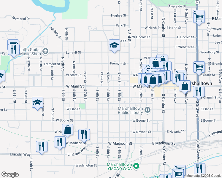 map of restaurants, bars, coffee shops, grocery stores, and more near 412 West Main Street in Marshalltown