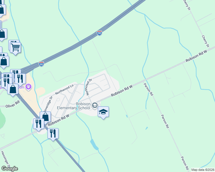map of restaurants, bars, coffee shops, grocery stores, and more near 8237 Timberwood Lane in Erie