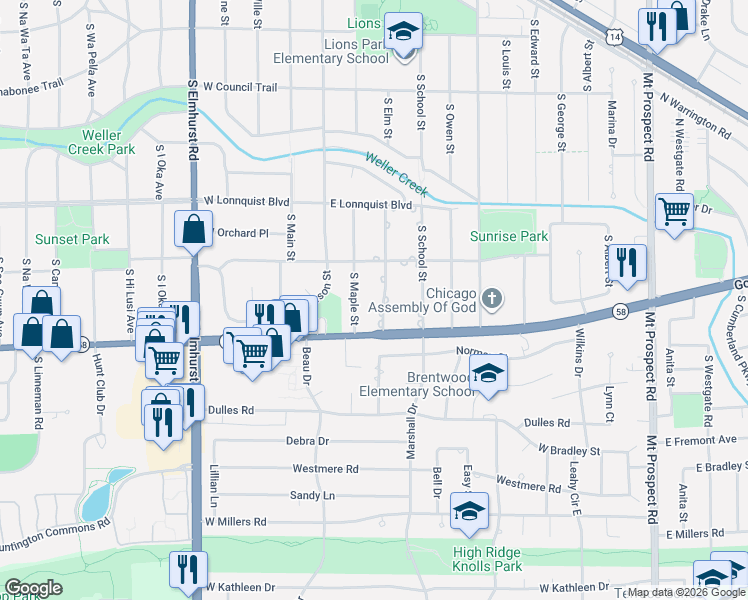 map of restaurants, bars, coffee shops, grocery stores, and more near 914 South Elm Street in Mount Prospect