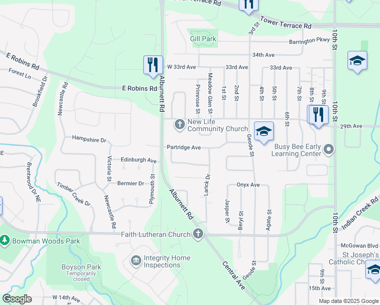map of restaurants, bars, coffee shops, grocery stores, and more near 230 Partridge Avenue in Marion