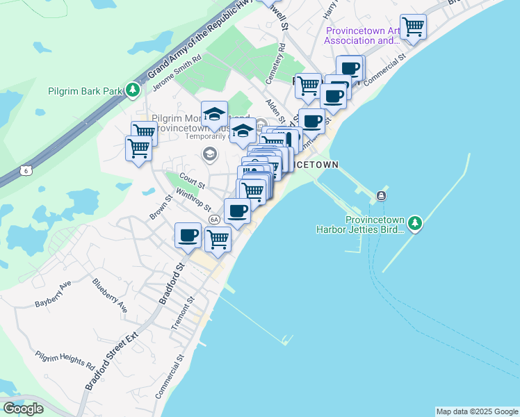 map of restaurants, bars, coffee shops, grocery stores, and more near 205 Commercial Street in Provincetown