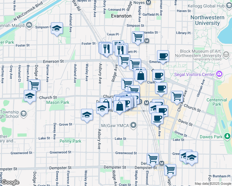 map of restaurants, bars, coffee shops, grocery stores, and more near 1121 Church Street in Evanston