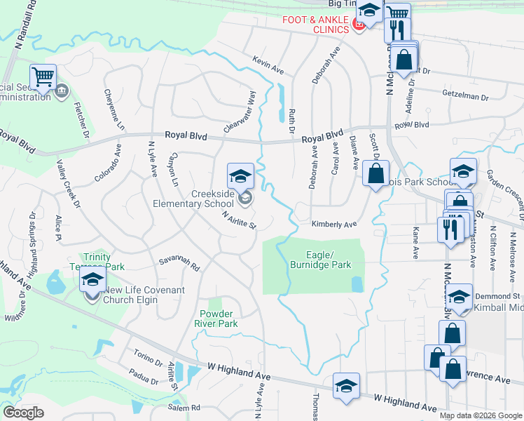 map of restaurants, bars, coffee shops, grocery stores, and more near 625 Wood Ridge Court in Elgin