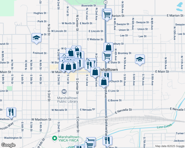 map of restaurants, bars, coffee shops, grocery stores, and more near 128 1/2 East Main Street in Marshalltown