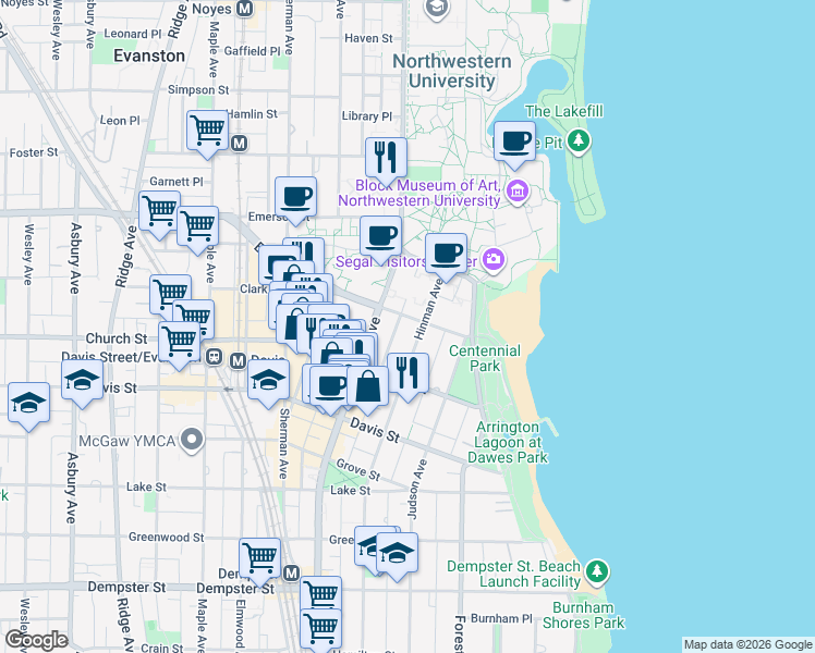 map of restaurants, bars, coffee shops, grocery stores, and more near 1740 Hinman Avenue in Evanston