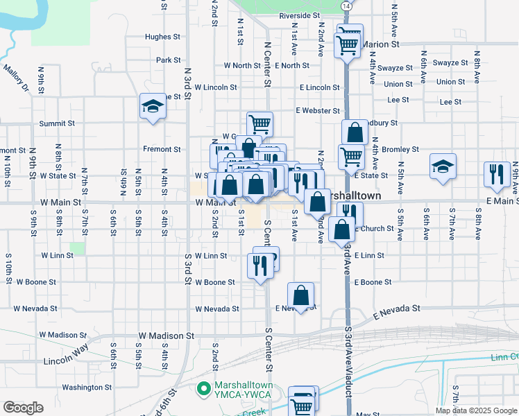 map of restaurants, bars, coffee shops, grocery stores, and more near 12 West Main Street in Marshalltown