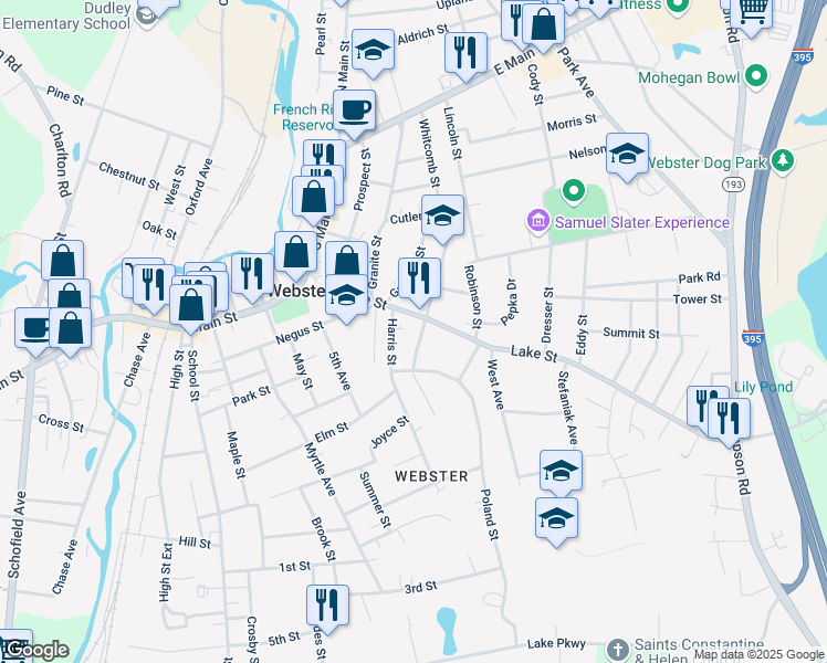 map of restaurants, bars, coffee shops, grocery stores, and more near 51 Lake Street in Webster