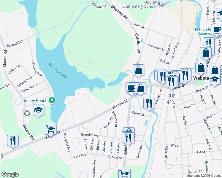 map of restaurants, bars, coffee shops, grocery stores, and more near 129 Center Road in Dudley