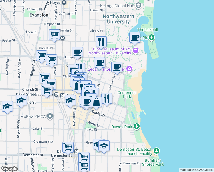 map of restaurants, bars, coffee shops, grocery stores, and more near 1818 Hinman Avenue in Evanston