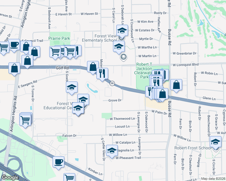 map of restaurants, bars, coffee shops, grocery stores, and more near 1001 Arbor Court in Mount Prospect