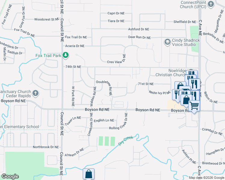 map of restaurants, bars, coffee shops, grocery stores, and more near 7029 Doubletree Rd NE in Cedar Rapids