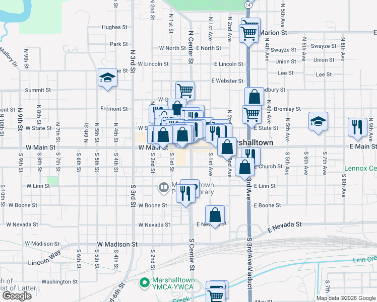 map of restaurants, bars, coffee shops, grocery stores, and more near 12 West Main Street in Marshalltown