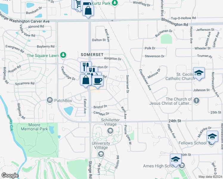 map of restaurants, bars, coffee shops, grocery stores, and more near 2706 Kent Avenue in Ames