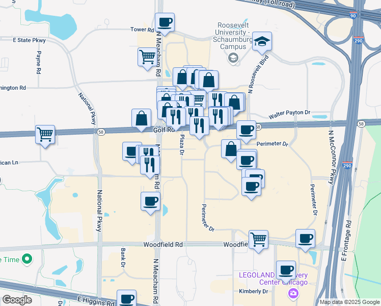 map of restaurants, bars, coffee shops, grocery stores, and more near 1111 Plaza Drive in Schaumburg
