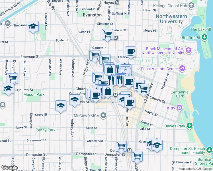 map of restaurants, bars, coffee shops, grocery stores, and more near 1720 Maple Avenue in Evanston