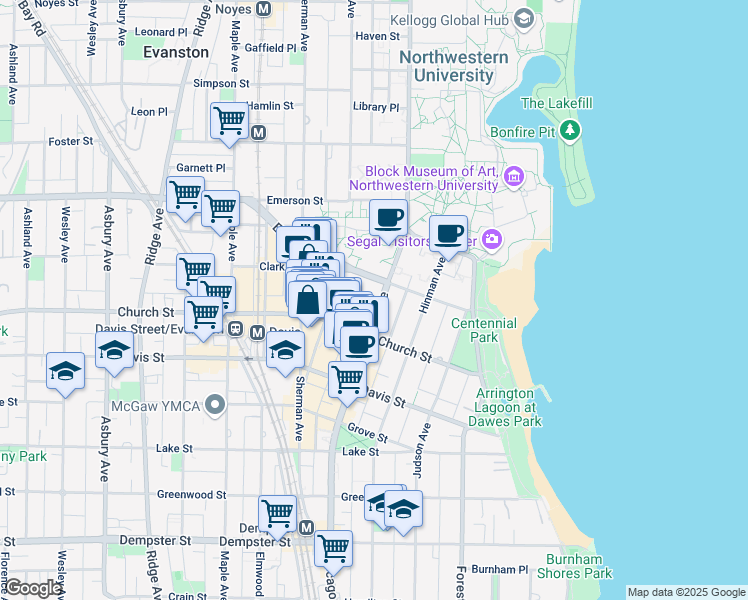 map of restaurants, bars, coffee shops, grocery stores, and more near 1640 Chicago Avenue in Evanston