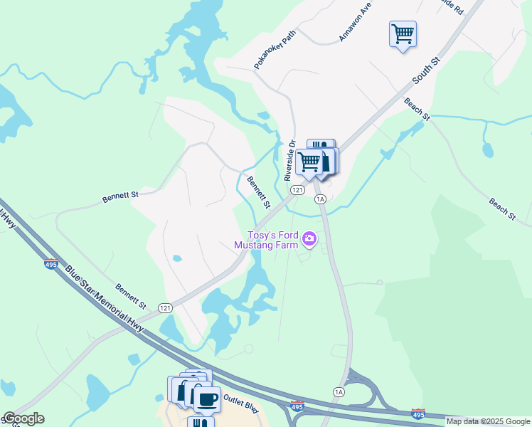 map of restaurants, bars, coffee shops, grocery stores, and more near 5 Bennett Street in Wrentham