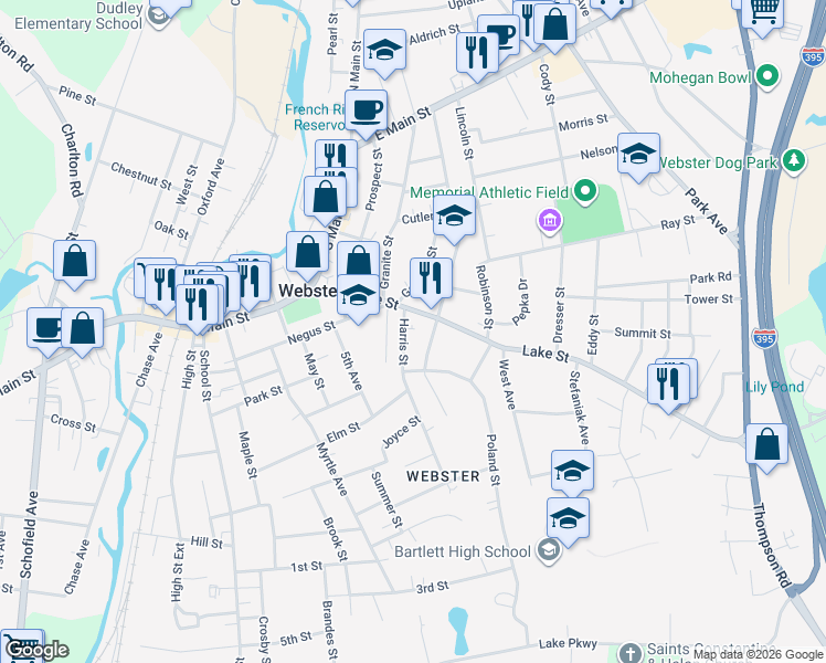 map of restaurants, bars, coffee shops, grocery stores, and more near 51 Lake Street in Webster