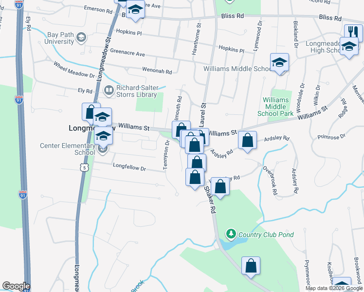 map of restaurants, bars, coffee shops, grocery stores, and more near 207 Williams Street in Longmeadow