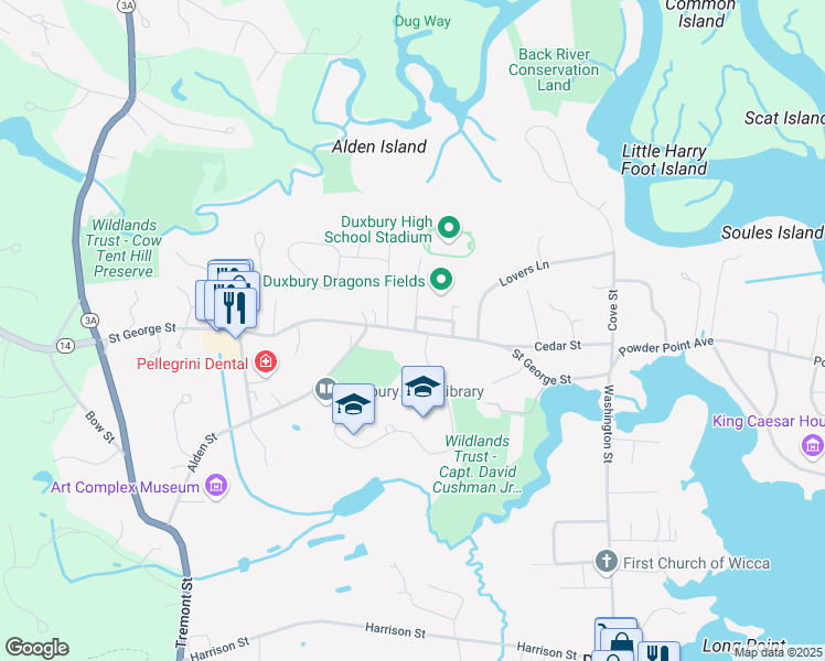 map of restaurants, bars, coffee shops, grocery stores, and more near 130 Saint George Street in Duxbury
