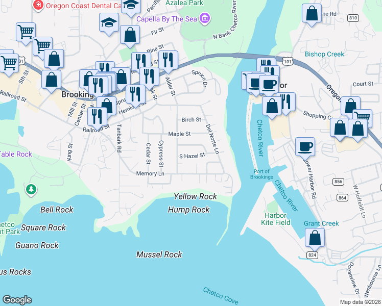 map of restaurants, bars, coffee shops, grocery stores, and more near 314 South Hazel Street in Brookings