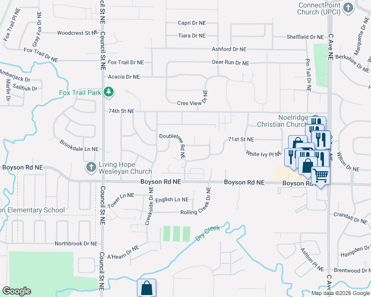 map of restaurants, bars, coffee shops, grocery stores, and more near 7029 Doubletree Rd NE in Cedar Rapids