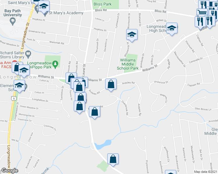 map of restaurants, bars, coffee shops, grocery stores, and more near 154 Ardsley Road in Longmeadow