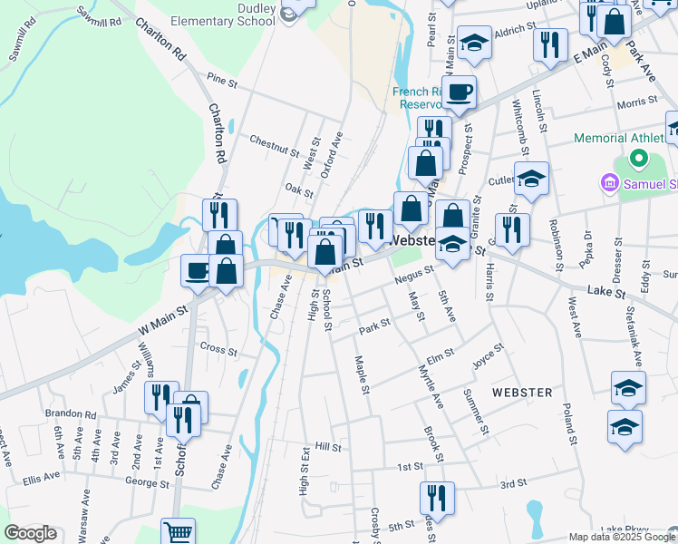 map of restaurants, bars, coffee shops, grocery stores, and more near 211 Main Street in Webster