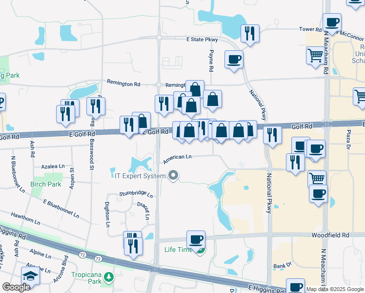 map of restaurants, bars, coffee shops, grocery stores, and more near 905 East Golf Road in Schaumburg