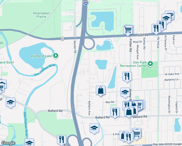 map of restaurants, bars, coffee shops, grocery stores, and more near 9410 Bay Colony Drive in Des Plaines