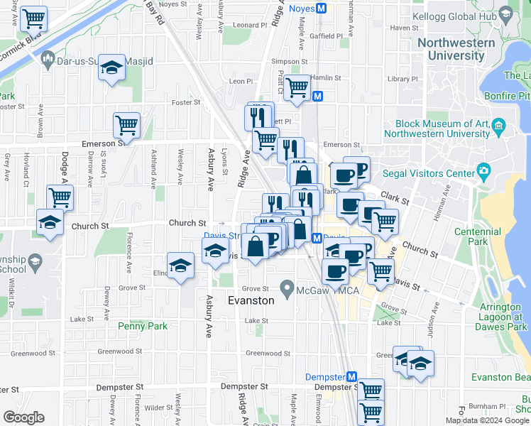 map of restaurants, bars, coffee shops, grocery stores, and more near 1718 Oak Avenue in Evanston