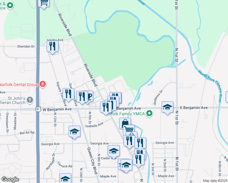 map of restaurants, bars, coffee shops, grocery stores, and more near 603 Hespe Drive in Norfolk