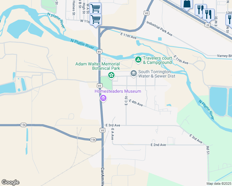 map of restaurants, bars, coffee shops, grocery stores, and more near E 5th Ave in Torrington