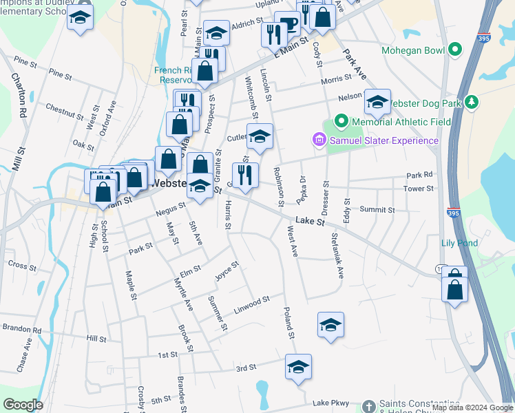 map of restaurants, bars, coffee shops, grocery stores, and more near 5 Robinson Street in Webster