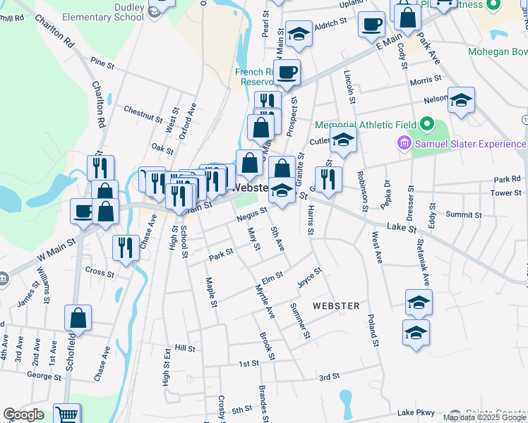map of restaurants, bars, coffee shops, grocery stores, and more near 350 Main Street in Webster