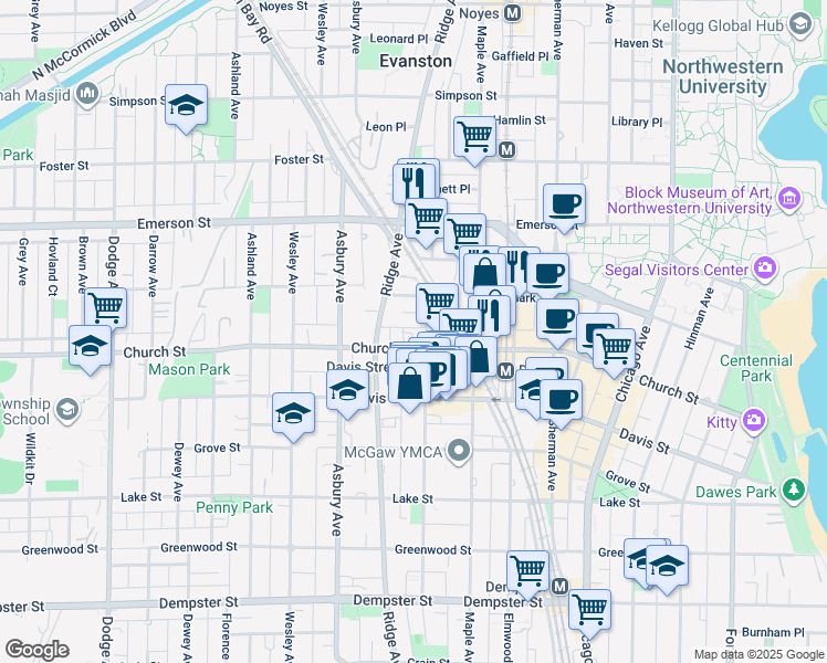 map of restaurants, bars, coffee shops, grocery stores, and more near 1718 Oak Avenue in Evanston