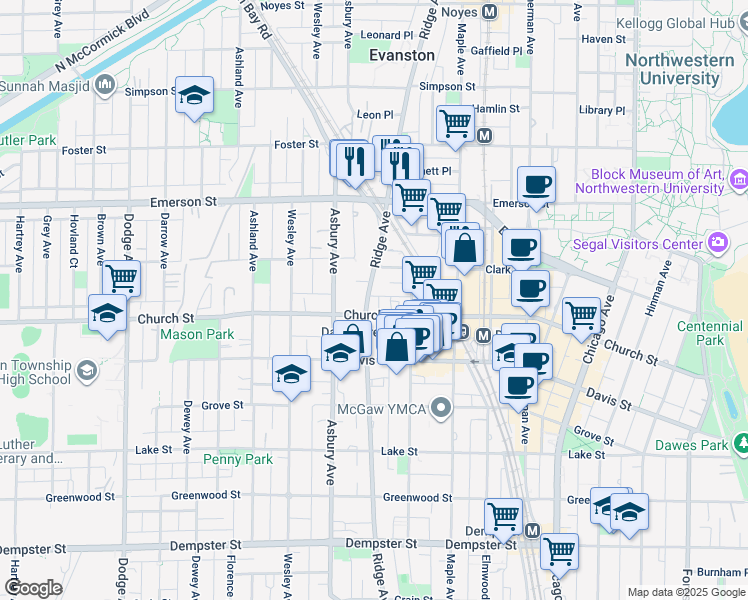 map of restaurants, bars, coffee shops, grocery stores, and more near 1717 Ridge Avenue in Evanston