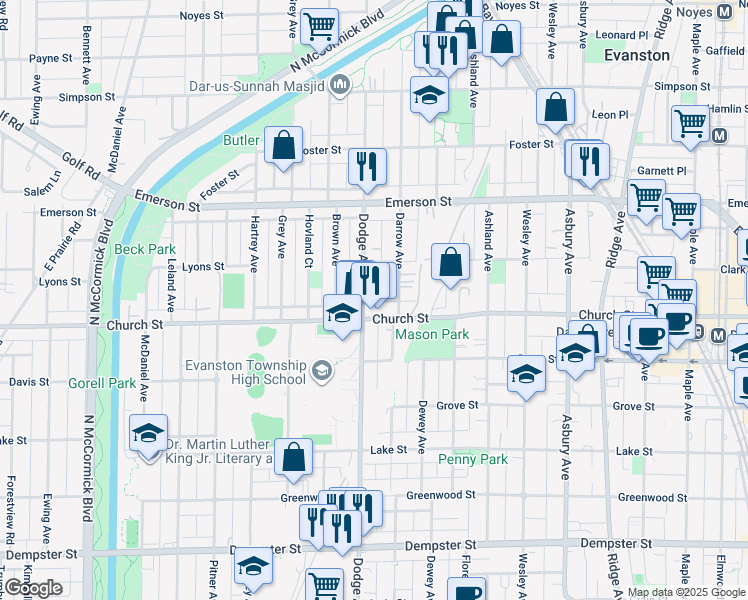 map of restaurants, bars, coffee shops, grocery stores, and more near 1730 Dodge Avenue in Evanston