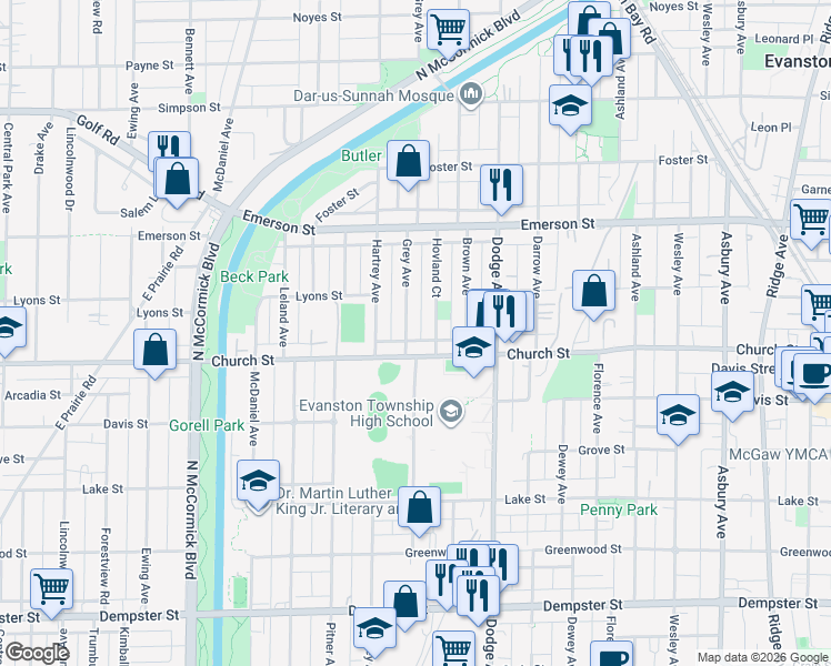 map of restaurants, bars, coffee shops, grocery stores, and more near 1733 Grey Avenue in Evanston