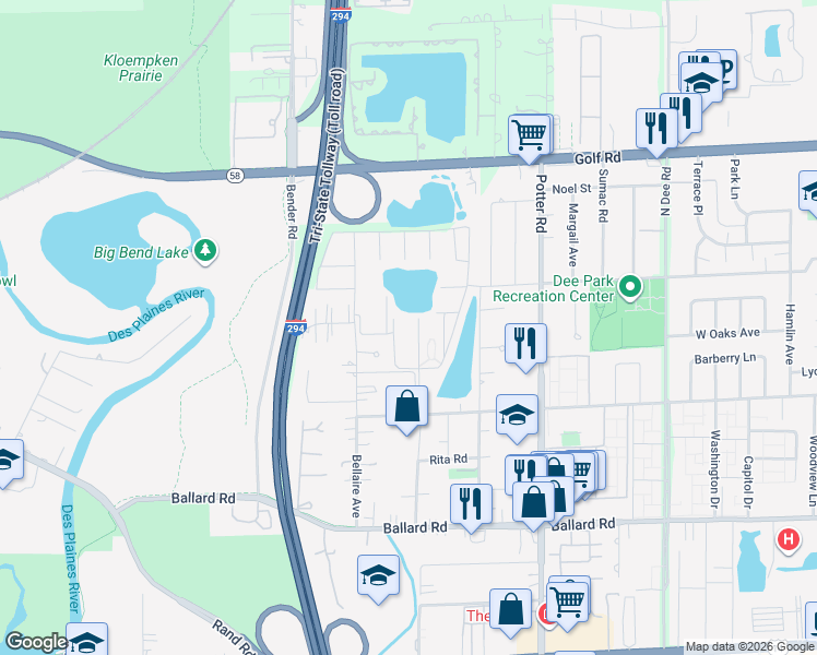map of restaurants, bars, coffee shops, grocery stores, and more near 9368 Bay Colony Drive in Des Plaines