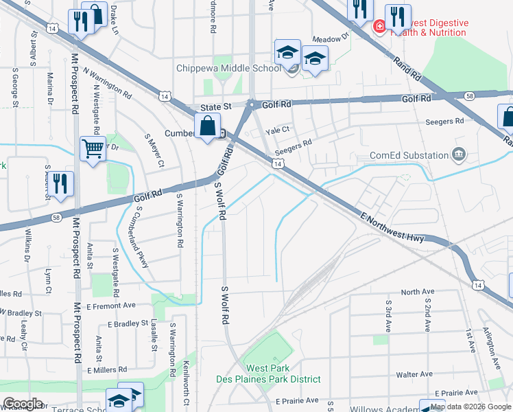 map of restaurants, bars, coffee shops, grocery stores, and more near 552 Columbia Avenue in Des Plaines