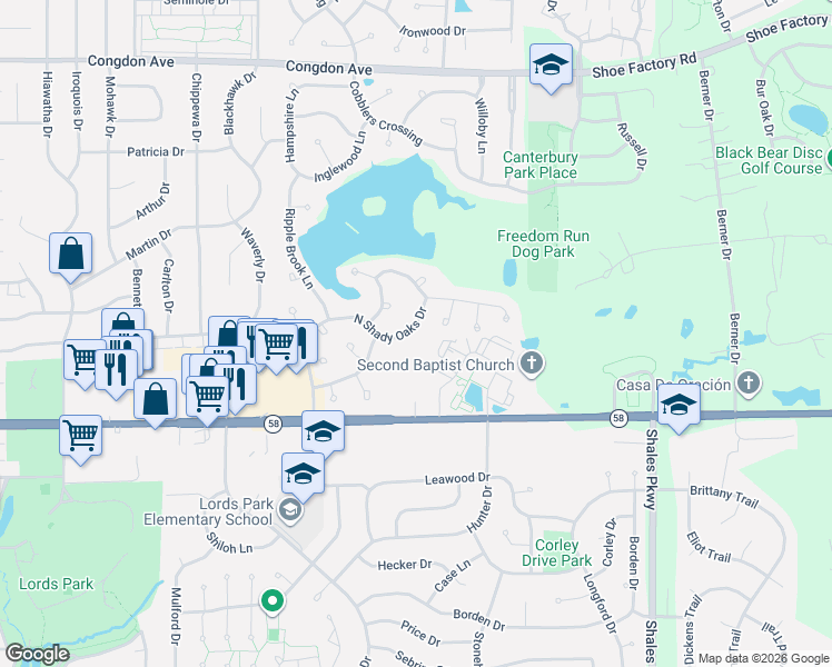 map of restaurants, bars, coffee shops, grocery stores, and more near 874 North Shady Oaks Drive in Elgin