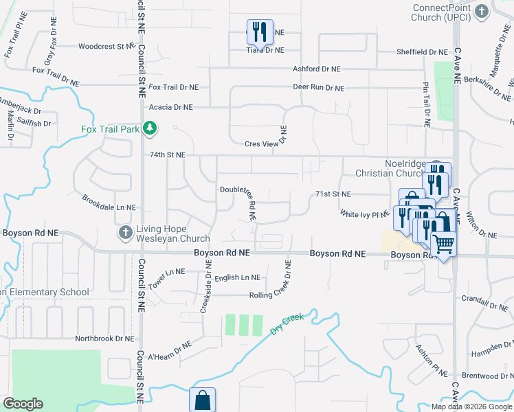 map of restaurants, bars, coffee shops, grocery stores, and more near 7029 Doubletree Rd NE in Cedar Rapids